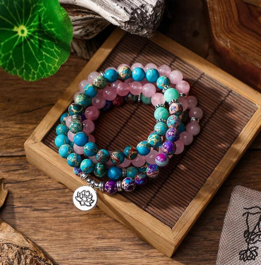 108 Mala Beads Necklace with Rose Quartz, Amazonite, and Jasper | Lotus Charm Meditation Mala | Brahmatells - BrahmatellsStore