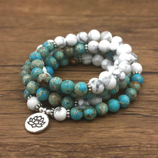 108 Mala Beads with Howlite and Turquoise Stones. Stunning Meditation Mala with Charm. Japa Mala. Prayer beads. - BrahmatellsStore