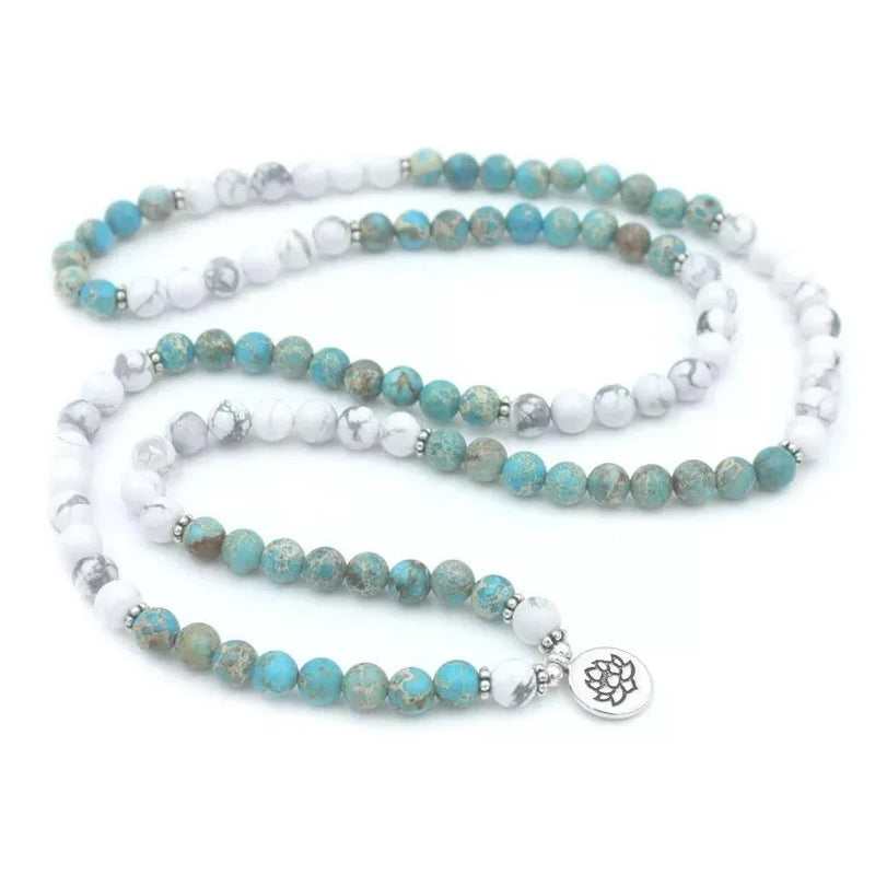 108 Mala Beads with Howlite and Turquoise Stones. Stunning Meditation Mala with Charm. Japa Mala. Prayer beads. - BrahmatellsStore