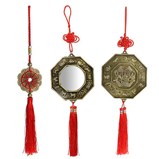 3 Pcs Feng Shui combo, Bagua Mirror, Guardian Lion Biting A Sword, Ancient Coins with Chinese Knot Tassel, Lucky Charm for Gifts, Home Protection. - BrahmatellsStore