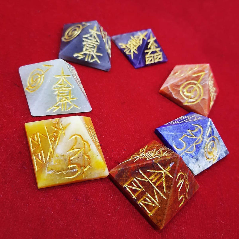 7 Chakra Symbol Engraved Reiki Healing Chakra Balancing Pyramid Chakra Set for Reiki Healing Crystal Healing & Yoga & Meditation (Multi Color Pyramid Shape) - BrahmatellsStore