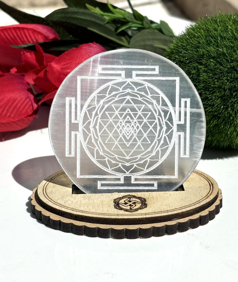 Brahmatells 3-Inch Selenite Charging Plate with Sri Yantra