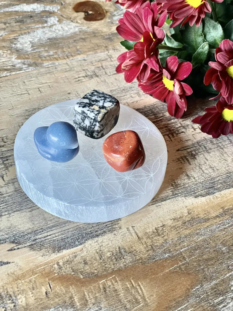 Selenite Charging Plate with the sacred Om symbol and the Flower of Life pattern