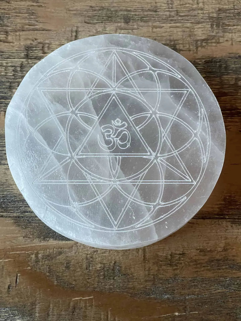 Selenite Charging Plate with the sacred Om symbol and the Flower of Life pattern