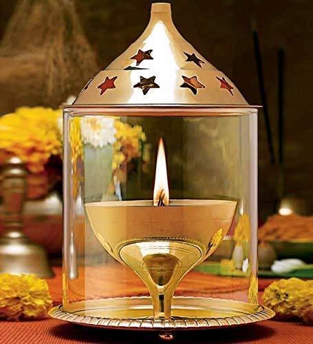 Akhand Diya with Borosilicate Glass (Brass Diya) (Golden ) - BrahmatellsStore