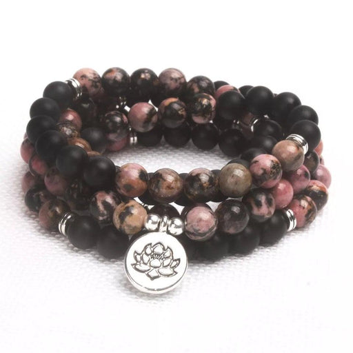 Black Onyx & Rhodonite 108 Mala Beads Necklace - Lotus Charm | Brahmatells - BrahmatellsStore
