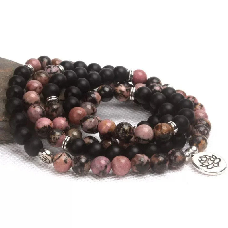 Black Onyx & Rhodonite 108 Mala Beads Necklace - Lotus Charm | Brahmatells - BrahmatellsStore