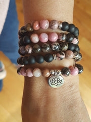 Black Onyx & Rhodonite 108 Mala Beads Necklace - Lotus Charm | Brahmatells - BrahmatellsStore