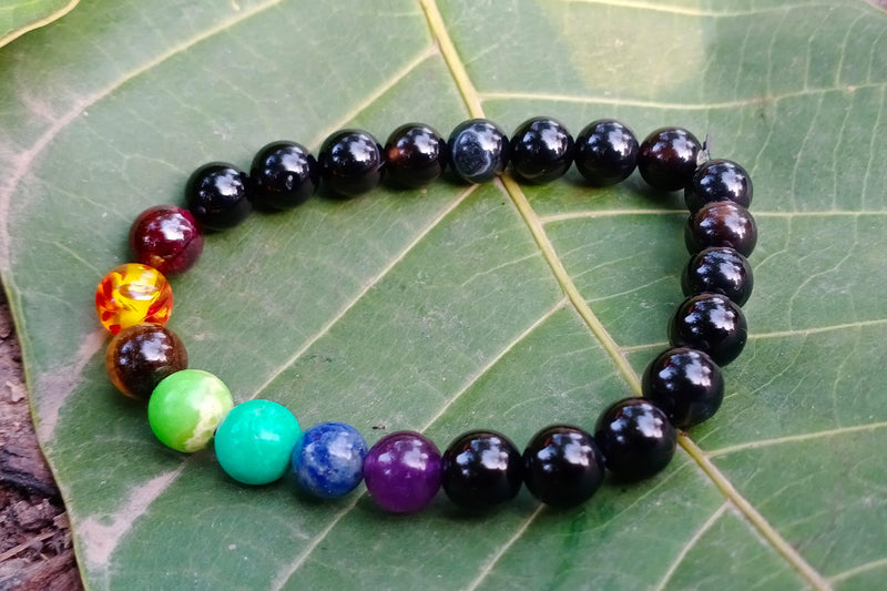 Black Tourmaline 7 Chakra Bracelet | Spiritual Protection | Brahmatells - BrahmatellsStore