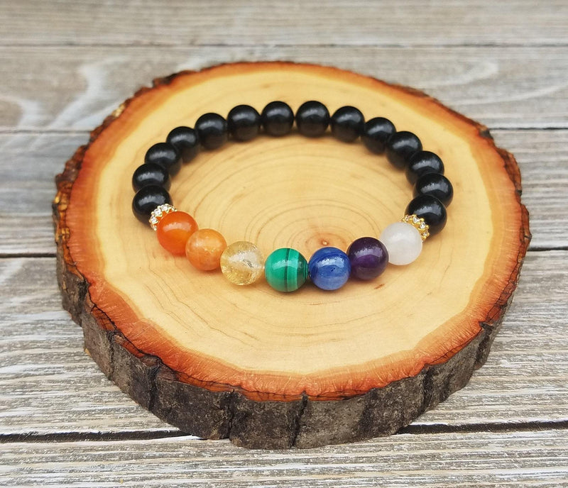 Black Tourmaline 7 Chakra Healing Bracelet | Brahmatells - BrahmatellsStore