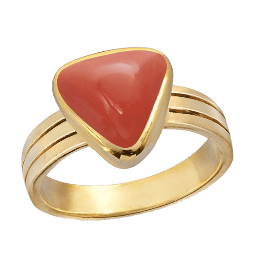Brahmatells Red Coral Triangle-Apple-Red Ring in Golden Setting: A Mars-Inspired Gemstone - BrahmatellsStore