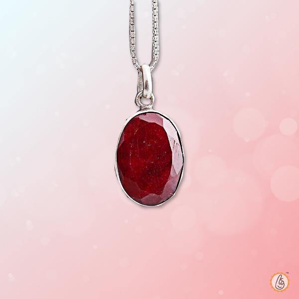 Cherry Red Ruby Manak Pendant in Silver - Sun's Vitality | Brahmatells - BrahmatellsStore