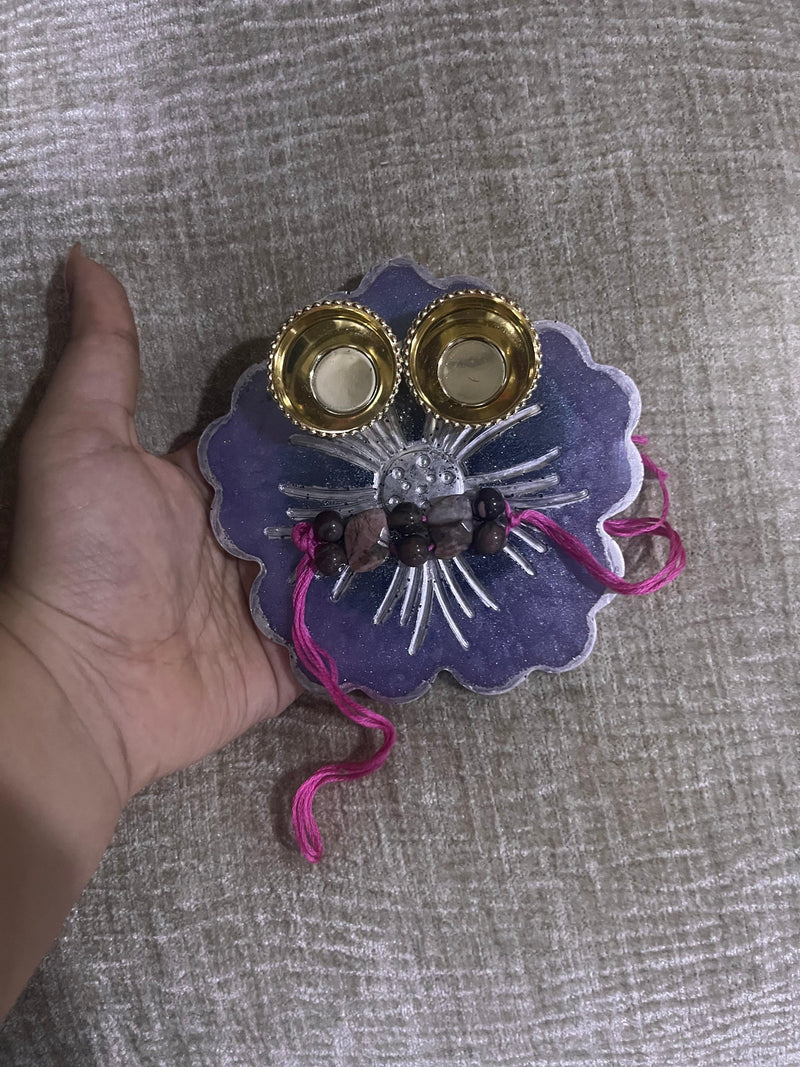 Customized Purple flower shape Rakhi Pooja Thalli with Rakhi - BrahmatellsStore