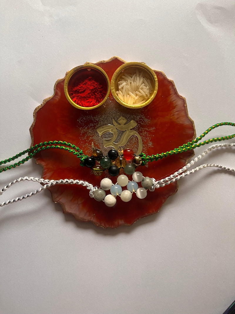 Customized Red OM Rakhi Pooja Thalli with Rakhi - BrahmatellsStore