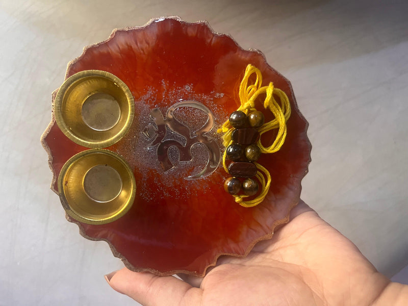 Customized Red OM Rakhi Pooja Thalli with Rakhi - BrahmatellsStore