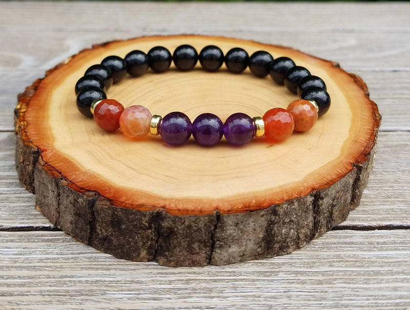 Empath Protection Bracelet with Fire Agate, Amethyst, & Black Tourmaline | Brahmatells - BrahmatellsStore