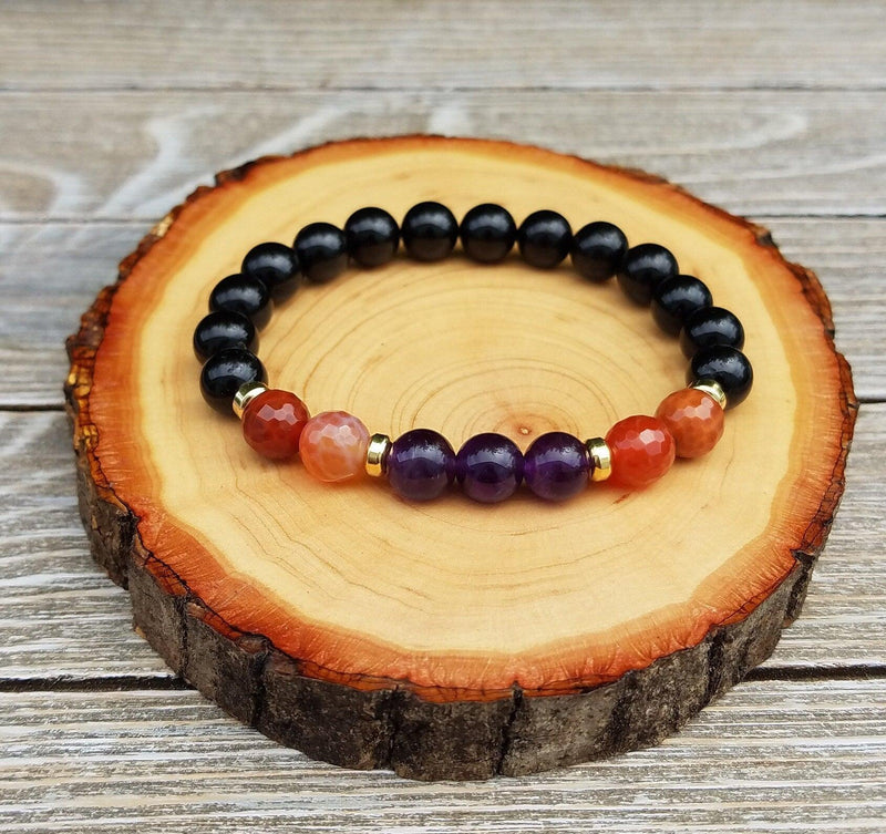 Empath Protection Bracelet with Fire Agate, Amethyst, & Black Tourmaline | Brahmatells - BrahmatellsStore