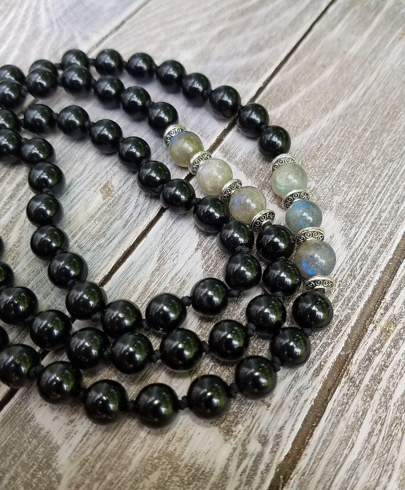 Empath Protection Prayer Mala - Black Tourmaline & Labradorite | Brahmatells - BrahmatellsStore