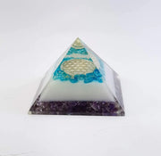 Energy Generator Blue Onxy Aqua Crystal And Amethyst Stone With Flower Of Life Logo Colorful Pyramid - BrahmatellsStore