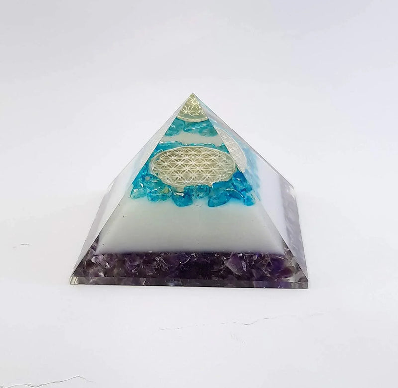 Energy Generator Blue Onxy Aqua Crystal And Amethyst Stone With Flower Of Life Logo Colorful Pyramid - BrahmatellsStore