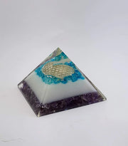 Energy Generator Blue Onxy Aqua Crystal And Amethyst Stone With Flower Of Life Logo Colorful Pyramid - BrahmatellsStore