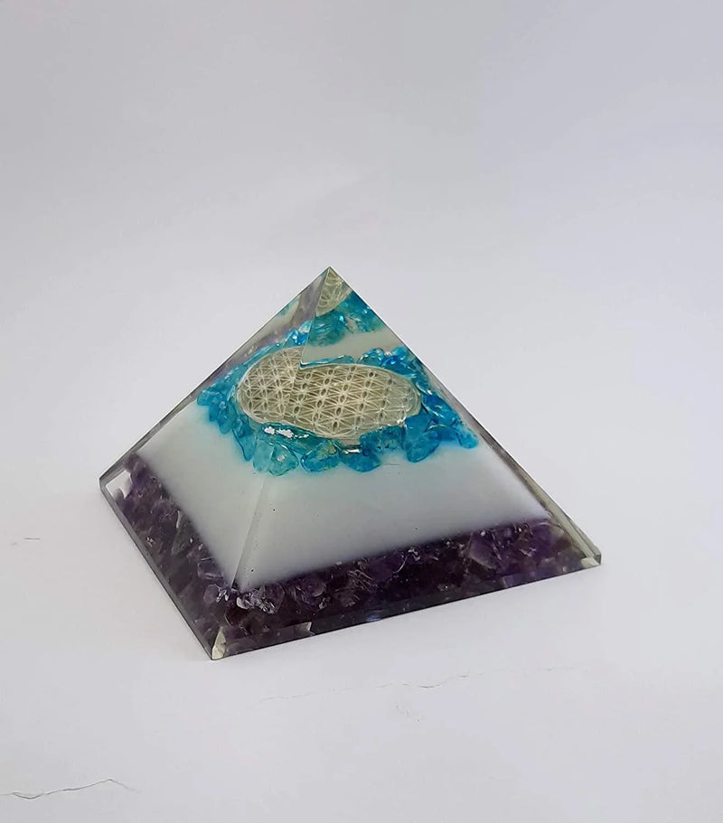 Energy Generator Blue Onxy Aqua Crystal And Amethyst Stone With Flower Of Life Logo Colorful Pyramid - BrahmatellsStore