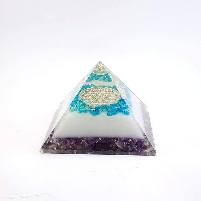 Energy Generator Blue Onxy Aqua Crystal And Amethyst Stone With Flower Of Life Logo Colorful Pyramid - BrahmatellsStore