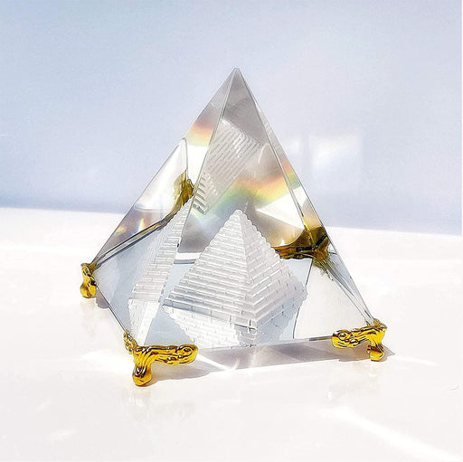 Feng Shui Crystal Pyramid On Golden Stand for Positive Energy and Vastu Correction, Good Luck & Prosperity - BrahmatellsStore