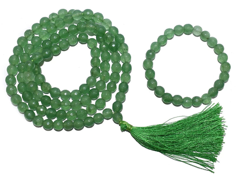 Green Aventurine Mala & Bracelet Set - 8mm Diamond Cut Beads - BrahmatellsStore