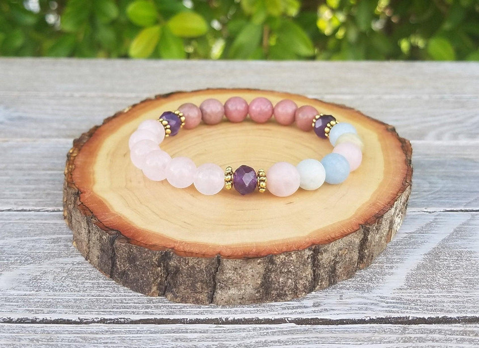 Heart Chakra Healing Bracelet - Beryl, Amethyst, Rose Quartz, Rhodonite | Brahmatells - BrahmatellsStore