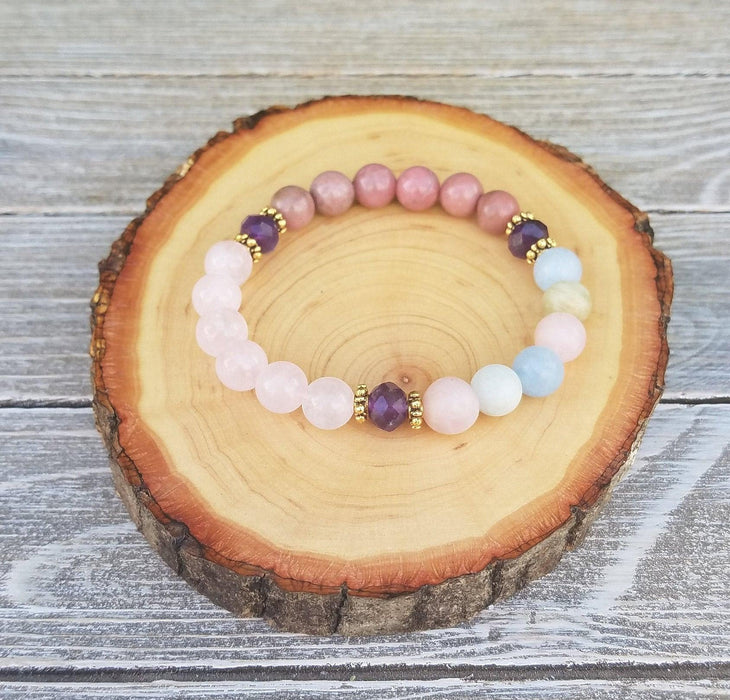 Heart Chakra Healing Bracelet - Beryl, Amethyst, Rose Quartz, Rhodonite | Brahmatells - BrahmatellsStore