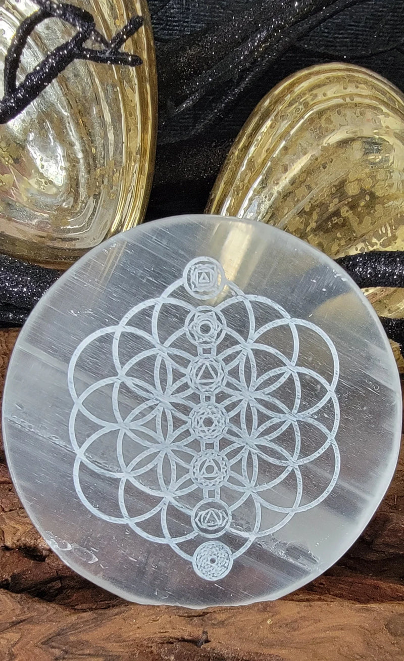 Selenite Charging Plate with the sacred Om symbol and the Flower of Life pattern