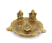 Laxmi Ganesh Pooja Thali in Metal with Deepak and Dhoopbatti Stand | Colour: Gold - BrahmatellsStore
