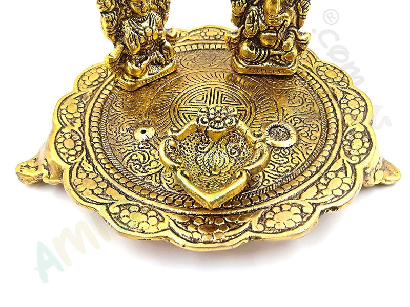 Laxmi Ganesh Pooja Thali in Metal with Deepak and Dhoopbatti Stand | Colour: Gold - BrahmatellsStore