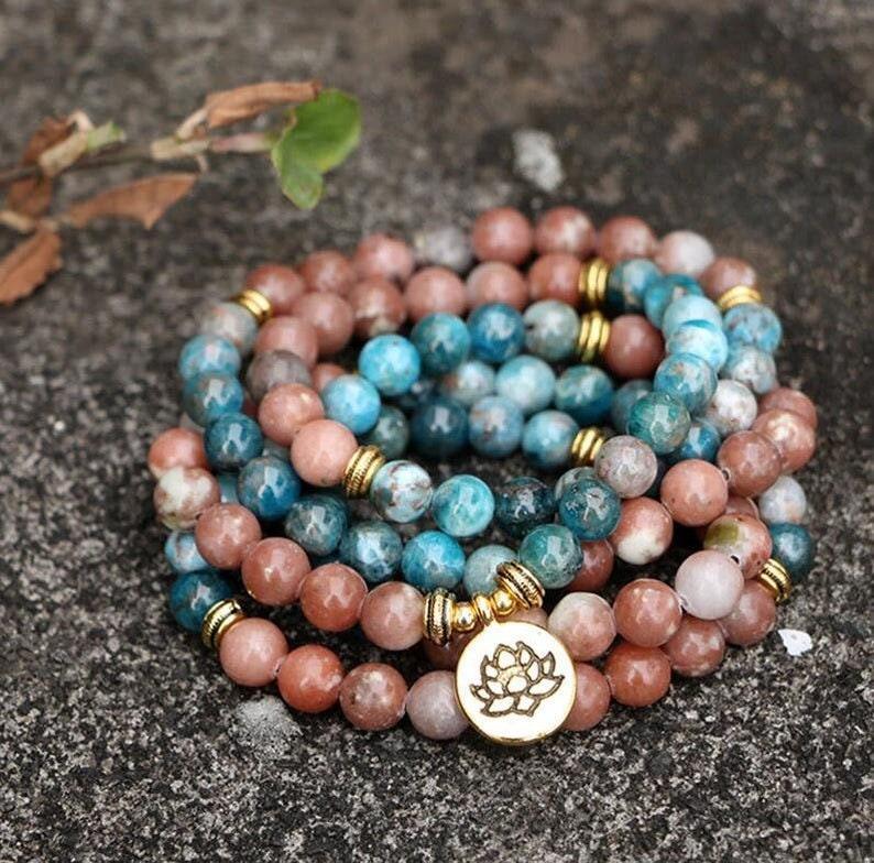 Natural Apatite & Rhodonite 108 Bead Mala - Spiritual Serenity | Brahmatells - BrahmatellsStore