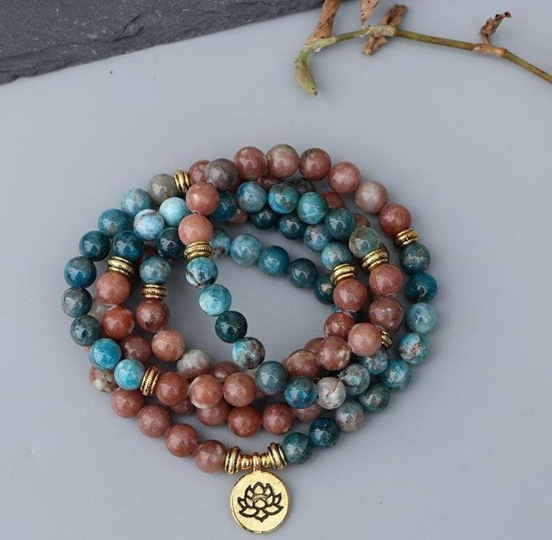 Natural Apatite & Rhodonite 108 Bead Mala - Spiritual Serenity | Brahmatells - BrahmatellsStore