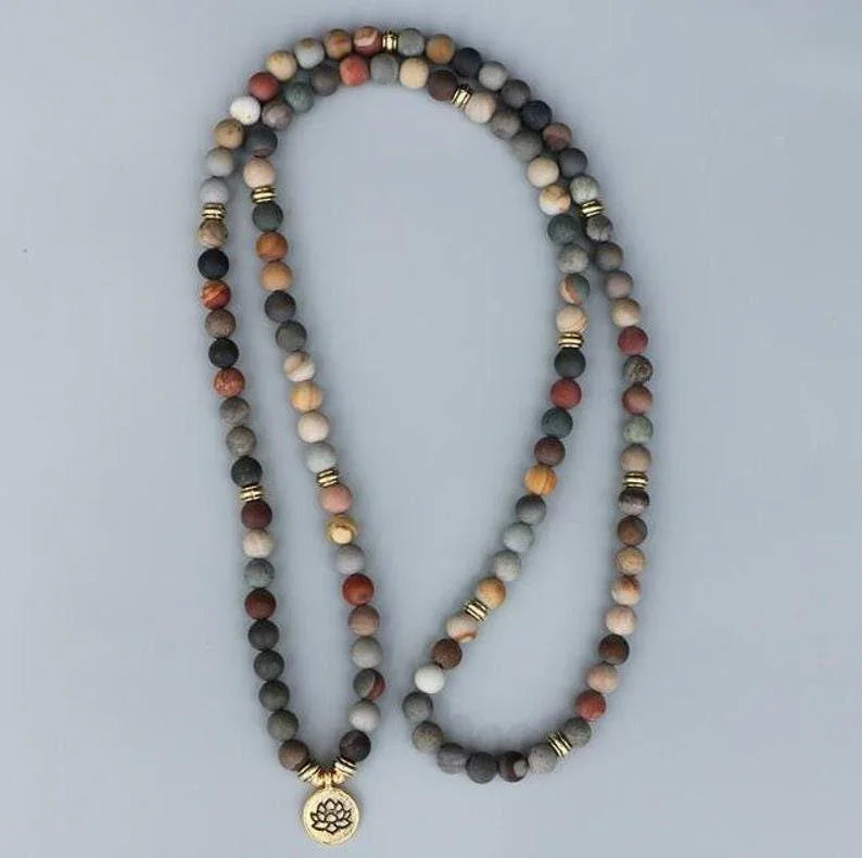 Natural Picture Jasper 108 Mala Beads Necklace - Grounding & Creativity | Brahmatells - BrahmatellsStore