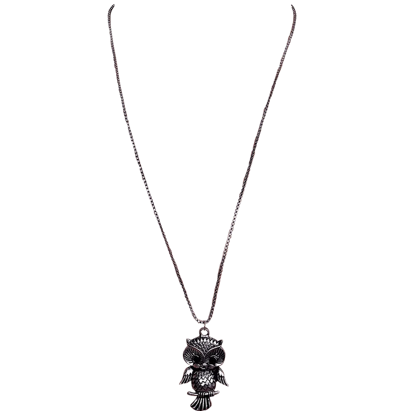Necklace with long chain for girls, Oxidised Metal Owl Pendant - BrahmatellsStore