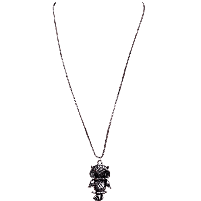 Necklace with long chain for girls, Oxidised Metal Owl Pendant - BrahmatellsStore