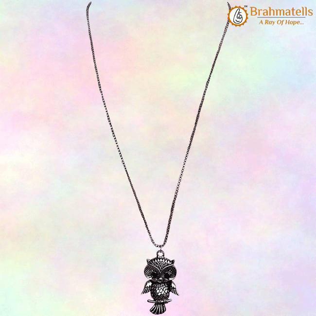 Necklace with long chain for girls, Oxidised Metal Owl Pendant - BrahmatellsStore