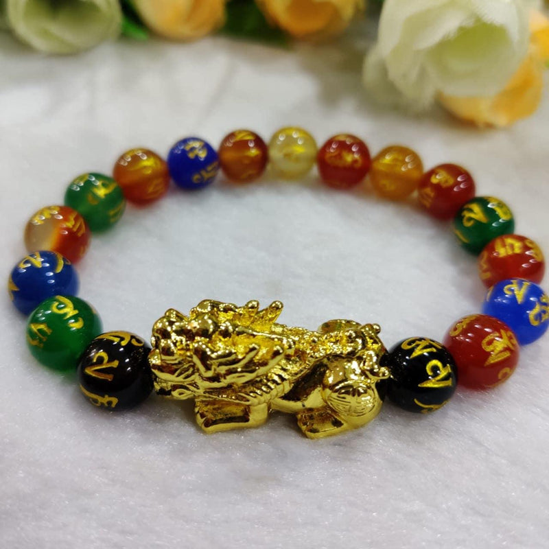 Om Mani Padme Hum Black Obsidian Multi Onyx Stone With Gold Plated Pi Yao Pixiu Feng Shui Bracelet For Meditation Spiritual Healing Reiki - BrahmatellsStore