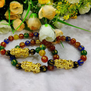 Om Mani Padme Hum Black Obsidian Multi Onyx Stone With Gold Plated Pi Yao Pixiu Feng Shui Bracelet For Meditation Spiritual Healing Reiki - BrahmatellsStore