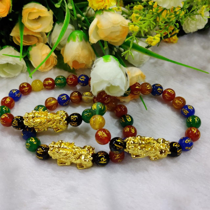 Om Mani Padme Hum Black Obsidian Multi Onyx Stone With Gold Plated Pi Yao Pixiu Feng Shui Bracelet For Meditation Spiritual Healing Reiki - BrahmatellsStore