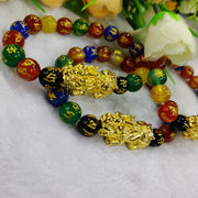 Om Mani Padme Hum Black Obsidian Multi Onyx Stone With Gold Plated Pi Yao Pixiu Feng Shui Bracelet For Meditation Spiritual Healing Reiki - BrahmatellsStore