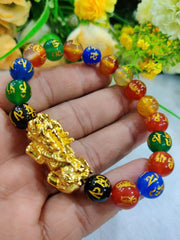 Om Mani Padme Hum Black Obsidian Multi Onyx Stone With Gold Plated Pi Yao Pixiu Feng Shui Bracelet For Meditation Spiritual Healing Reiki - BrahmatellsStore
