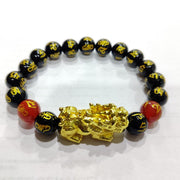 Om Mani Padme Hum Black Obsidian Red Onyx Stone With Gold Plated Pi Yao Pixiu Feng Shui Bracelet For Meditation Spiritual Healing Reiki 10MM - BrahmatellsStore