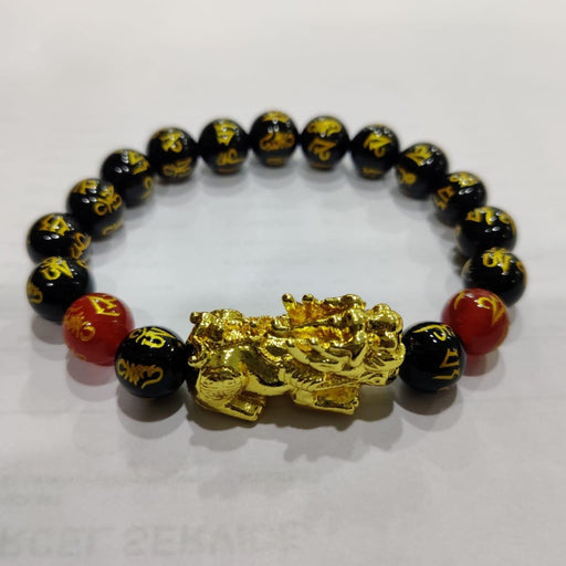 Om Mani Padme Hum Black Obsidian Red Onyx Stone With Gold Plated Pi Yao Pixiu Feng Shui Bracelet For Meditation Spiritual Healing Reiki 10MM - BrahmatellsStore