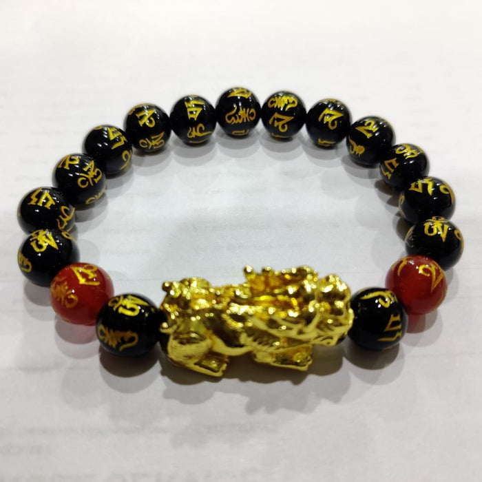 Om Mani Padme Hum Black Obsidian Red Onyx Stone With Gold Plated Pi Yao Pixiu Feng Shui Bracelet For Meditation Spiritual Healing Reiki 10MM - BrahmatellsStore