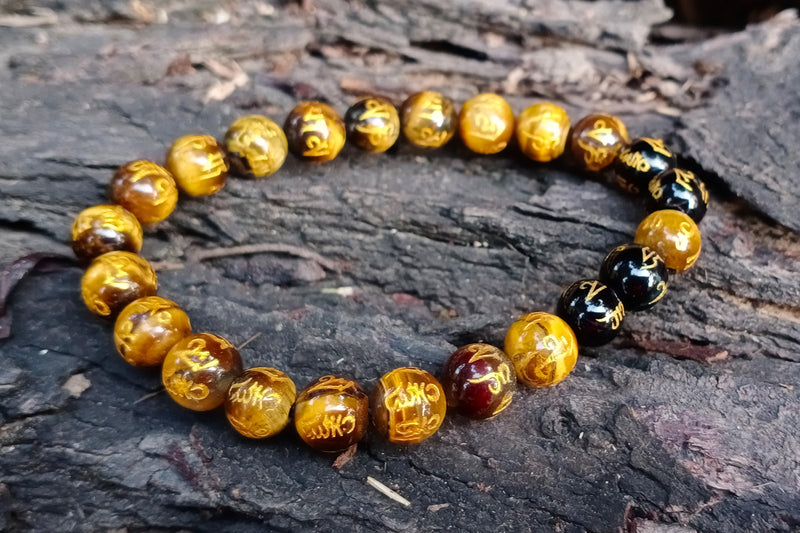 Om Mani Padme Hum Engraved Powerful Tiger Eye Bracelet - BrahmatellsStore