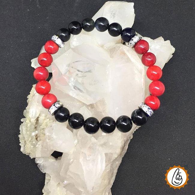 Red Coral with Black Obsidian Bracelet | Buddha Head Beads - BrahmatellsStore